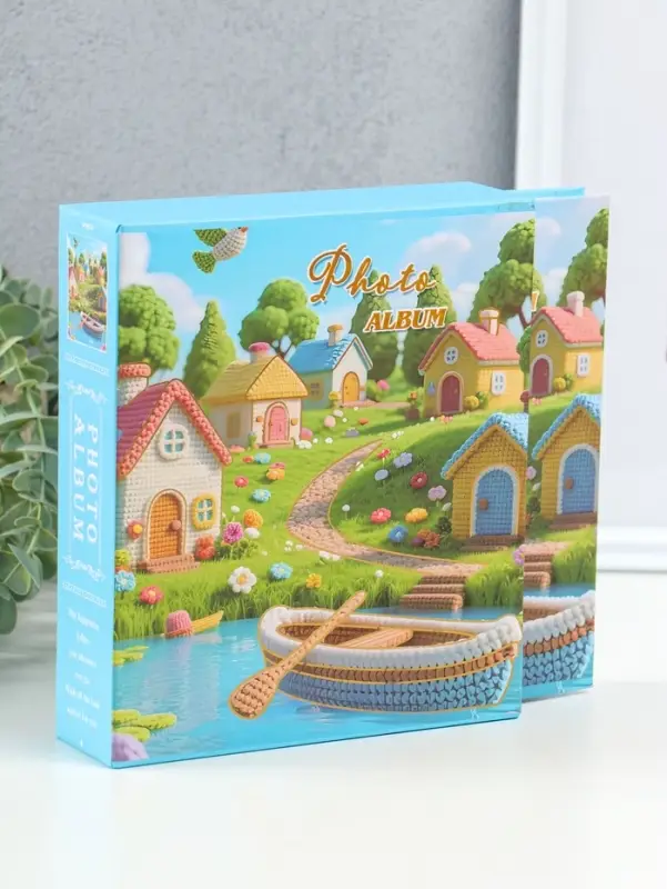 Фотоальбом на 100 фото 13х18 см "Вязаные домики у реки" в коробке 5х18х20,5 см