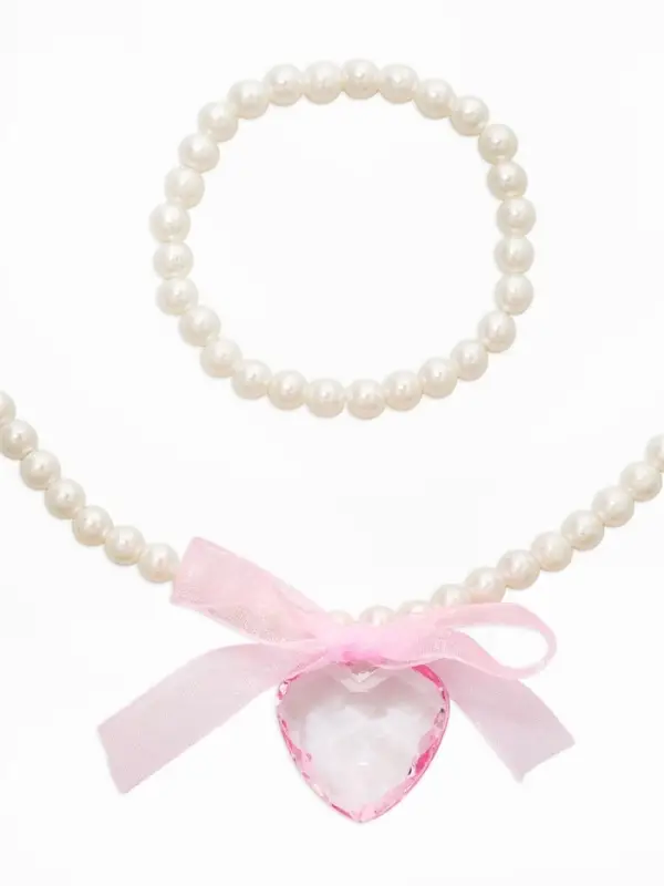 Набор детских украшений &laquo;Выбражулька. Сердце, бант&raquo;, 2 предмета: бусы 35 см, браслет, d=5.5 см, белый, розовый