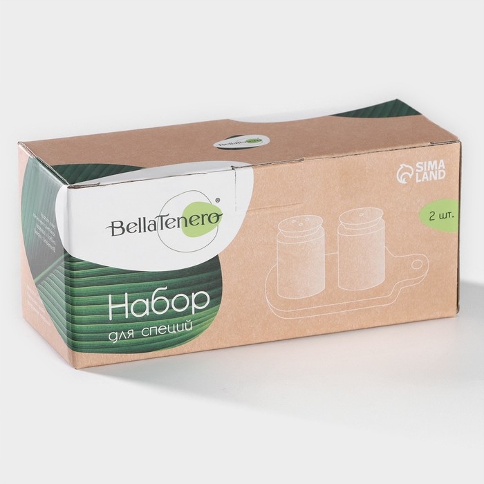 Набор фарфоровый для специй на бамбуковой подставке BellaTenero, 3 предмета: солонка 90 мл, перечница 90 мл, подставка, цвет белый Набор фарфоровый для специй на бамбуковой подставке BellaTenero, 3 предмета: солонка 90 мл, перечница 90 мл, подставка, цвет белый