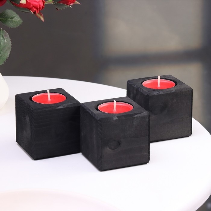 Подсвечник для интерьера  Подсвечник для интерьера "Люблю тебя", цвет: "Эбен", 3 штуки, 6х6х6 см, аромат клубники