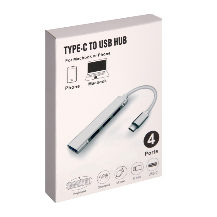 Type-C-разветвитель (HUB), 4 порта, кабель 10 см, серебристый Type-C-разветвитель (HUB), 4 порта, кабель 10 см, серебристый
