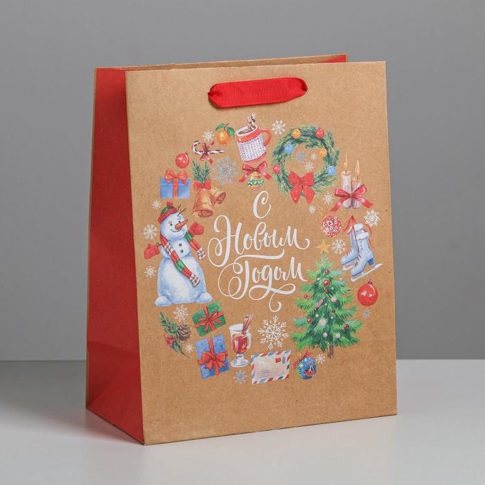 Пакет подарочный новогодний крафтовый вертикальный «Венок», MS 18 х 23 х 10 см, Новый год Пакет подарочный новогодний крафтовый вертикальный «Венок», MS 18 х 23 х 10 см, Новый год