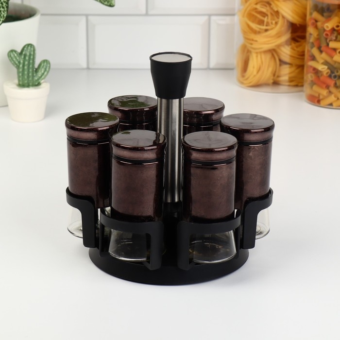 Набор стеклянных ёмкостей для специй на металлической подставке «Богема», 5,5×11 см, 6 шт, цвет коричневый Набор стеклянных ёмкостей для специй на металлической подставке «Богема», 5,5×11 см, 6 шт, цвет коричневый