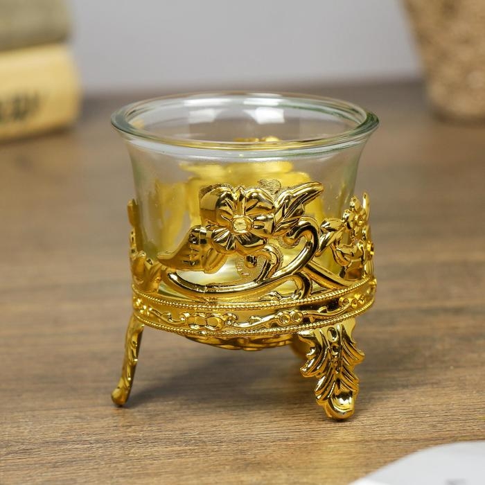 Подсвечник стекло, пластик на 1 свечу Подсвечник стекло, пластик на 1 свечу "Цветочек" золото 6,5х6х6 см