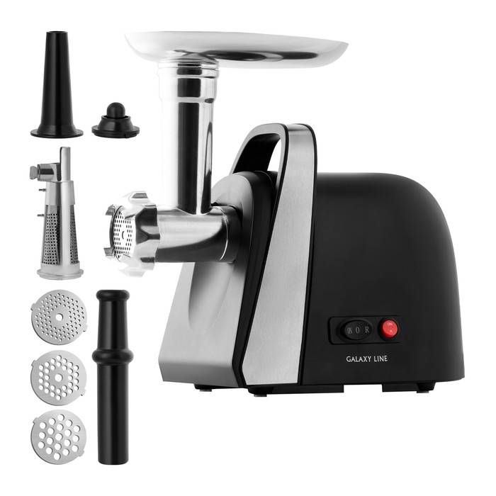 Мясорубка Galaxy LINE GL 2419, 1600 Вт, 1.5 кг/мин, реверс, 6 насадок, чёрно-серебристая Мясорубка Galaxy LINE GL 2419, 1600 Вт, 1.5 кг/мин, реверс, 6 насадок, чёрно-серебристая