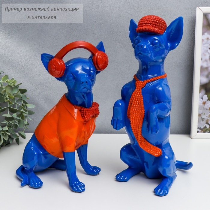 Сувенир полистоун Сувенир полистоун "Той-терьер в кепке и галстуке" синий с оранжевым 29,5х14х11,5 см