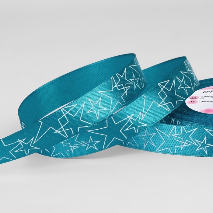Лента атласная «Звёзды», 15 мм, 23 ± 1 м, цвет голубой №047 Лента атласная «Звёзды», 15 мм, 23 ± 1 м, цвет голубой №047
