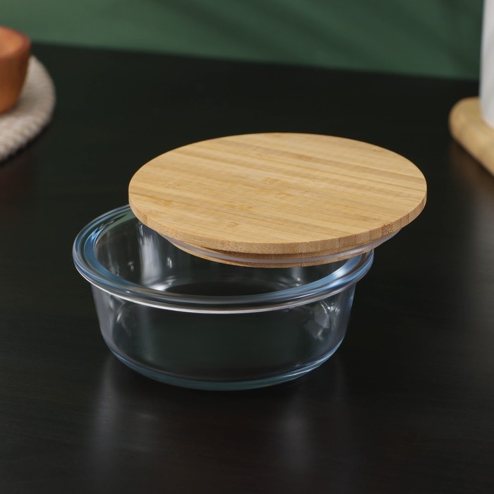 Контейнер для еды из жаропрочного стекла с бамбуковой крышкой BellaTenero «Эко», 350 мл, 13×5,5см