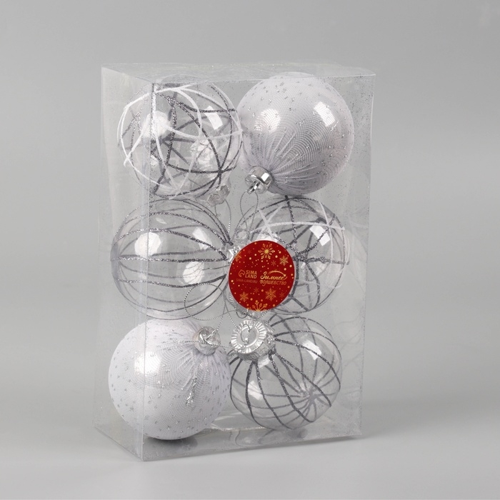 Набор шаров пластик d-8 см, 6 шт Набор шаров пластик d-8 см, 6 шт "Зимняя долина" серебро