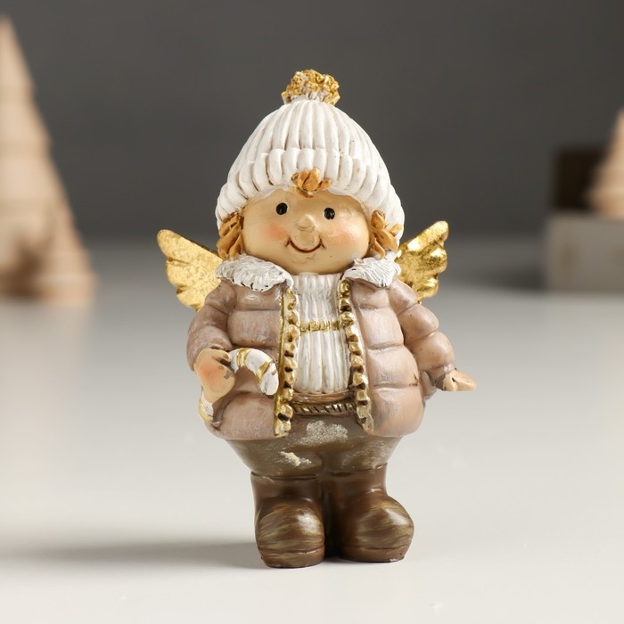 Сувенир полистоун  Сувенир полистоун "Малыш-ангел в пуховике и шапке, с леденцом/звездой" золото МИКС 6х4х9 см   949889