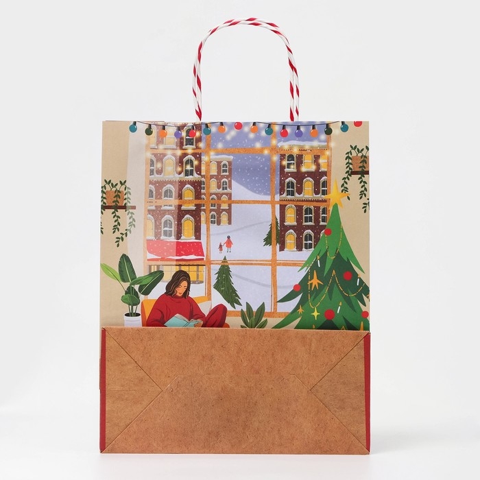 Новый год. Пакет бумажный подарочный новогодний крафт Новый год. Пакет бумажный подарочный новогодний крафт "Новогодний уют" 26 х 32 х 12 см.