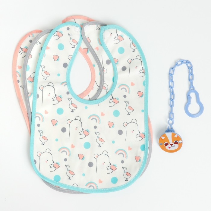 Набор детских слюнявчиков Крошка Я, 3 шт. + подарок, 29х20 см., цвет бирюзовый, розовый, серый Набор детских слюнявчиков Крошка Я, 3 шт. + подарок, 29х20 см., цвет бирюзовый, розовый, серый