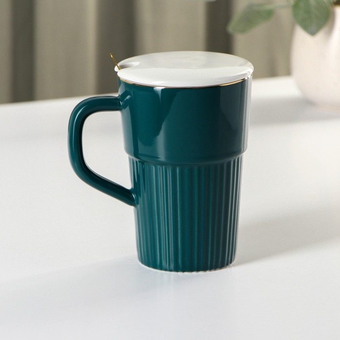 Кружка керамическая с крышкой и ложкой Vintage, 350 мл, цвет изумрудный Кружка керамическая с крышкой и ложкой Vintage, 350 мл, цвет изумрудный