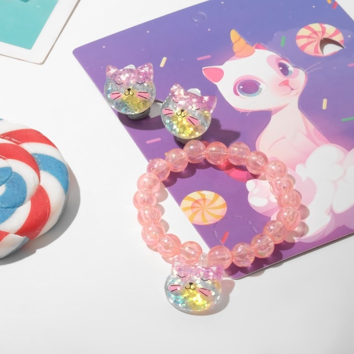 Набор детский «Выбражулька» 2 предмета: клипсы, браслет, фигурка кошечка, цветной Набор детский «Выбражулька» 2 предмета: клипсы, браслет, фигурка кошечка, цветной