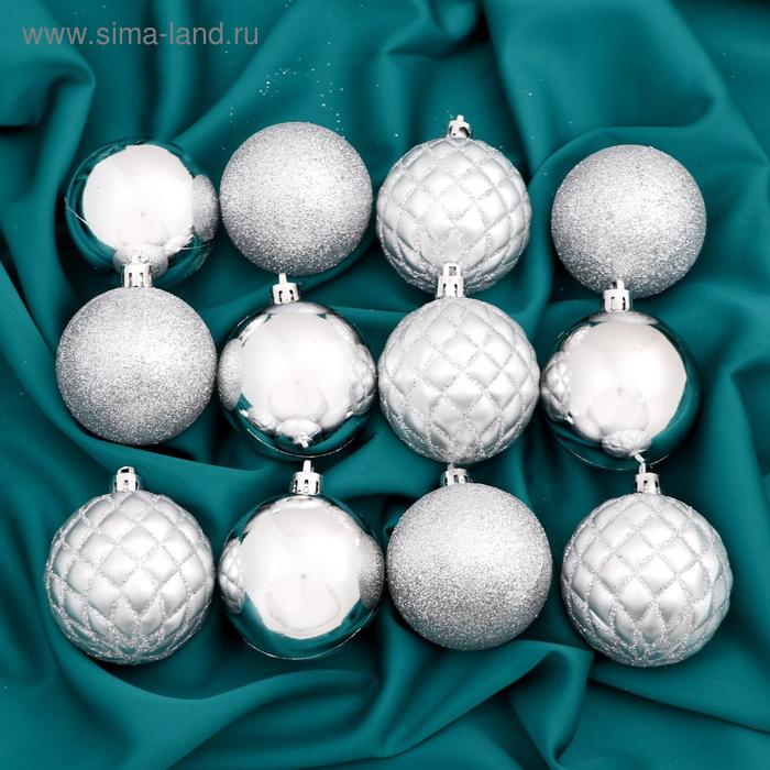 Набор шаров пластик d-6 см, 12 шт Набор шаров пластик d-6 см, 12 шт "Ларго" серебро