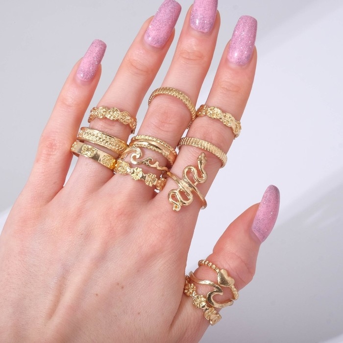 Набор колец 13 штук «Ассорти» цветы, змея, размер МИКС, цвет золото