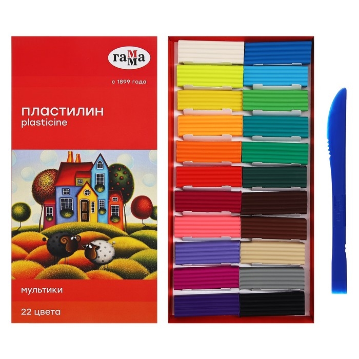 Пластилин 22 цвета 440 г, Пластилин 22 цвета 440 г, "Гамма" "Мультики", со стеком