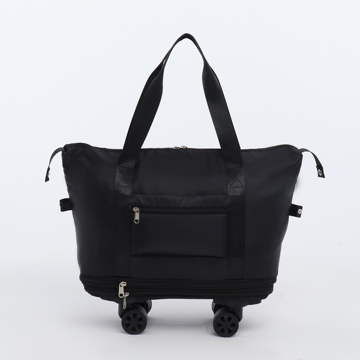 Сумка дорожная на колёсах, с увеличением, наружный карман, держатель для чемодана, цвет чёрный Сумка дорожная на колёсах, с увеличением, наружный карман, держатель для чемодана, цвет чёрный
