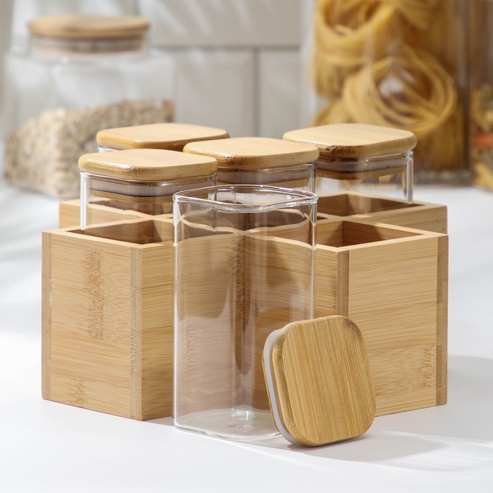 Набор банок стеклянных для сыпучих продуктов с бамбуковыми крышками «Эко», 350 мл, на подставке, 5 шт