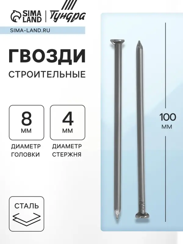 Гвозди ТУНДРА, строительные, ГОСТ 4028-63, без покрытия, 4×100 мм, фасовка 0.2 кг