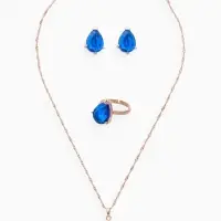 Гарнитур 3 предмета: серьги, кулон, кольцо безразмерное &laquo;Эдель&raquo;, капля, синие в золоте, 45 см