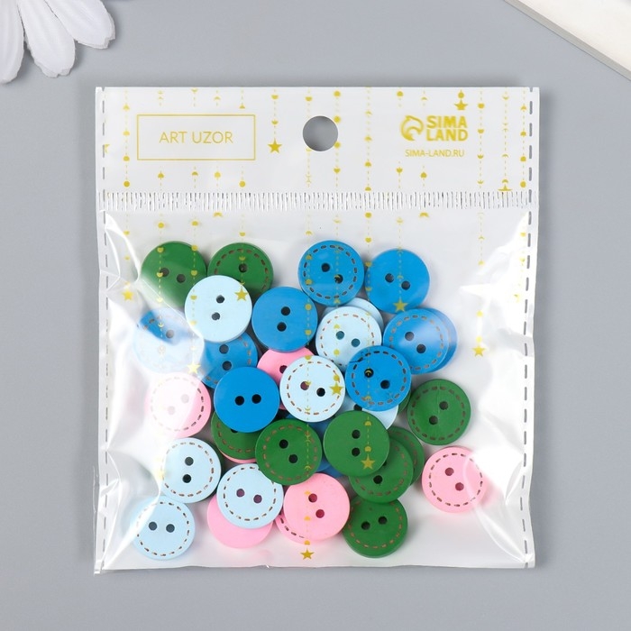 Пуговицы дерево для творчества 2 прокола "Стежки" набор 40 шт МИКС 1,5х1,5 см