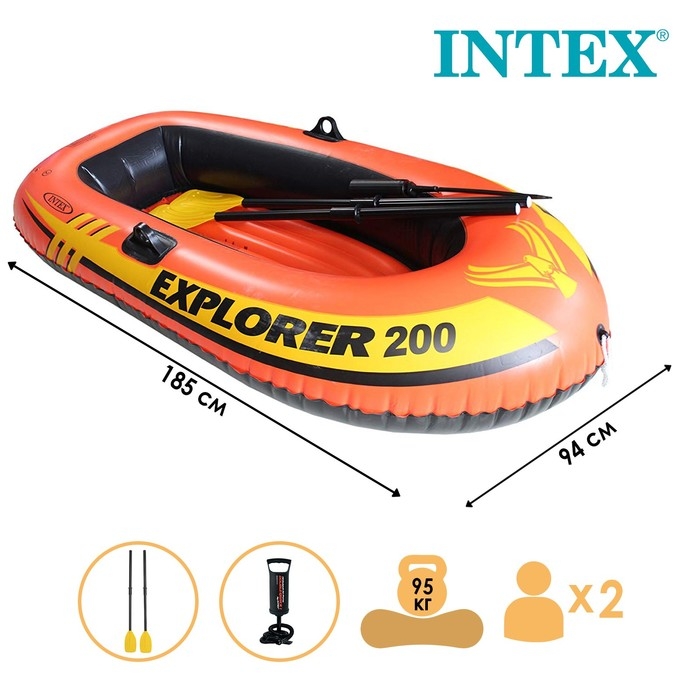 Лодка Explorer 200, 2 местная, 185 х 94 х 41 см, от 6 лет, до 95 кг, вёсла, насос, 58331NP INTEX Лодка Explorer 200, 2 местная, 185 х 94 х 41 см, от 6 лет, до 95 кг, вёсла, насос, 58331NP INTEX