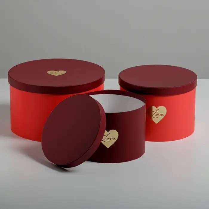 Набор коробок для цветов 3 в 1, упаковка подарочная, &laquo;Красный&raquo;, 18&times;18&times;13 см - 25&times;25&times;15 см