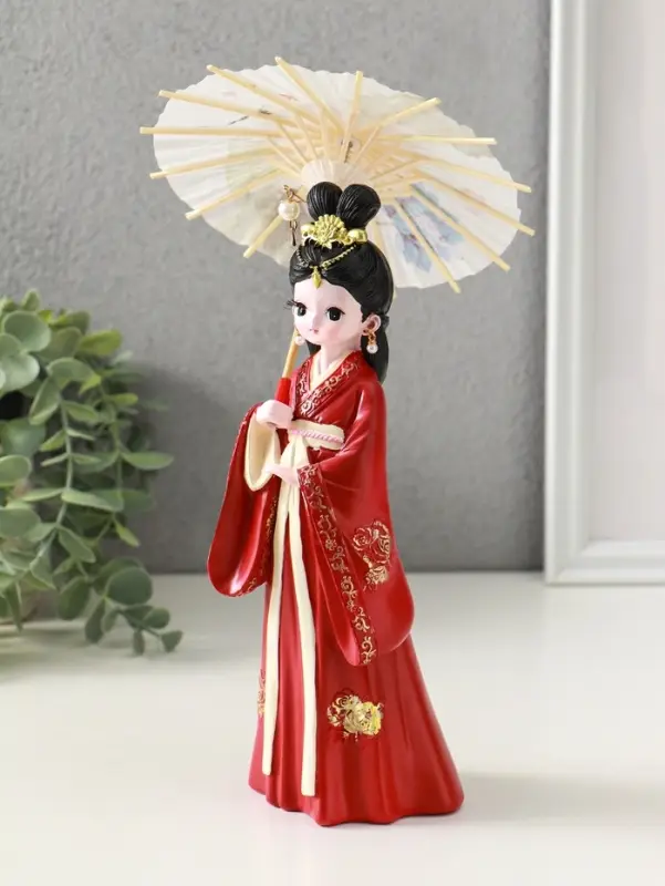 Сувенир полистоун "Девочка в кимоно с зонтиком" красный 12х13,8х25 см