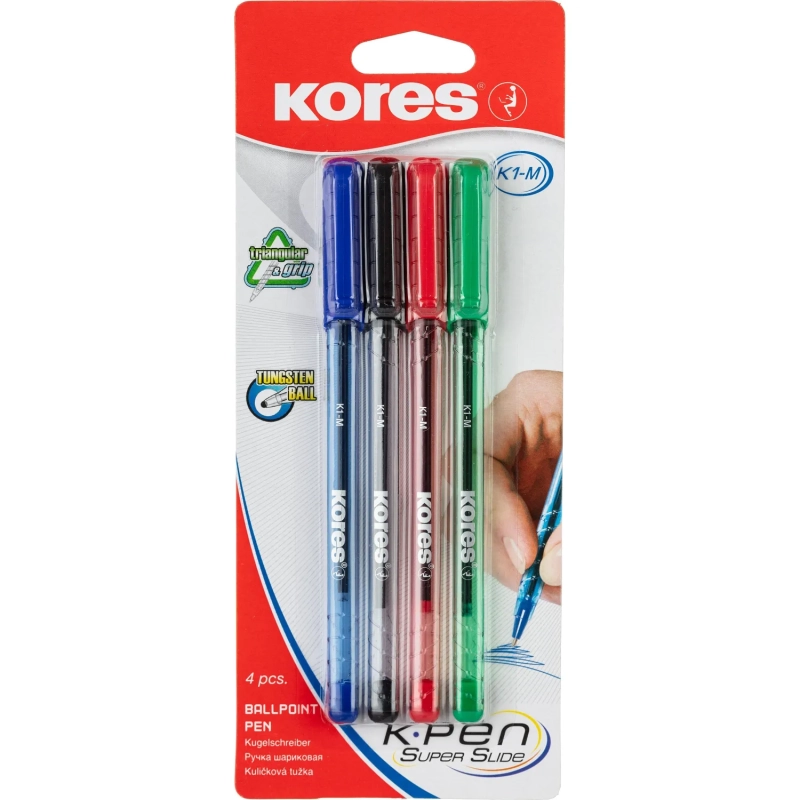 Ручка шариковая неавтомат. KORES К1 0,7ммтреуг.корп4шт/бл сн/чр/кр/зл