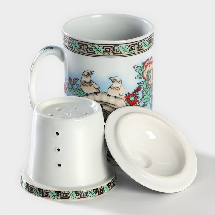 Кружка керамическая с крышкой и ситом «Птицы в пионах», 300 мл