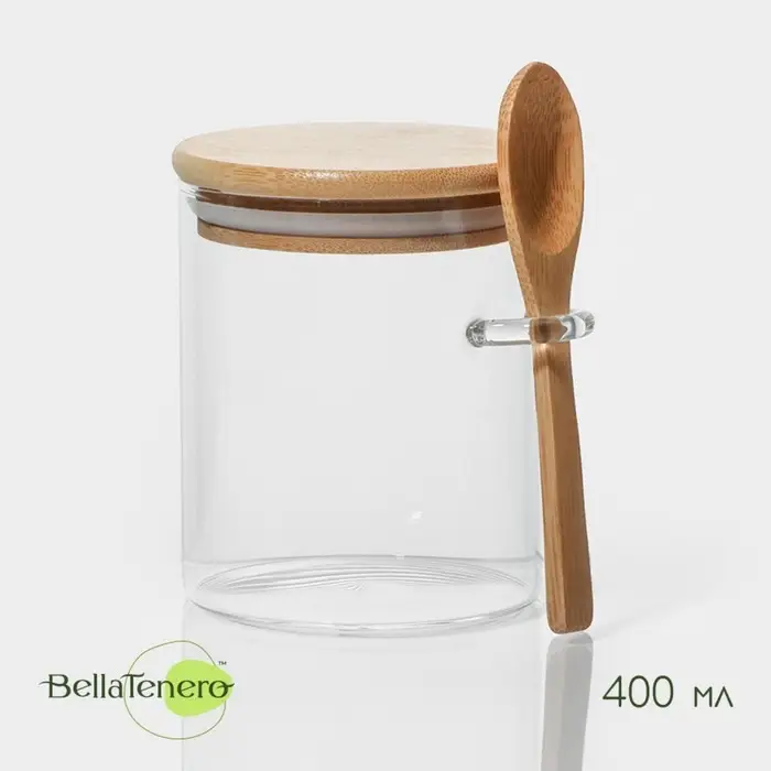 Банка для хранения сыпучих Bella Tenero &laquo;Эко&raquo;, 400 мл, 10.5&times;8.5 см, с бамбуковой крышкой, с ложкой, стекло
