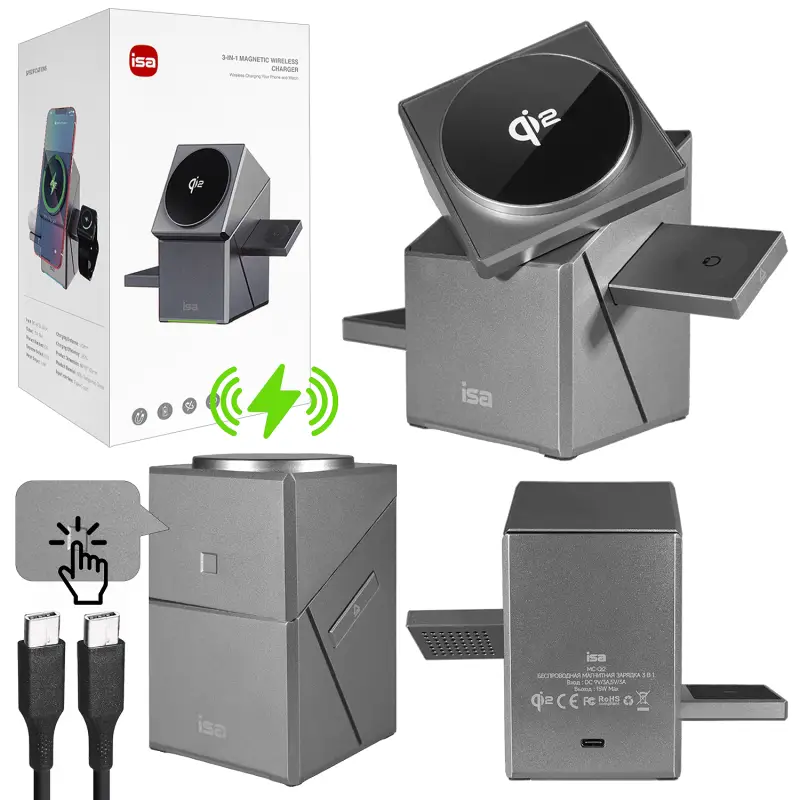 Беспроводная зарядка магнитная Qi2 15W 3в1 MC-Qi2 ISA (30шт/кор) Беспроводная зарядка магнитная Qi2 15W 3в1 MC-Qi2 ISA (30шт/кор)