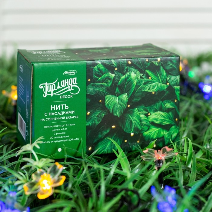 Гирлянда «Нить», 4.5 м, с насадками в виде ромашек, IP44, 30 LED, 2 режима, солнечная батарея, тёмная нить, свечение мульти Гирлянда «Нить», 4.5 м, с насадками в виде ромашек, IP44, 30 LED, 2 режима, солнечная батарея, тёмная нить, свечение мульти