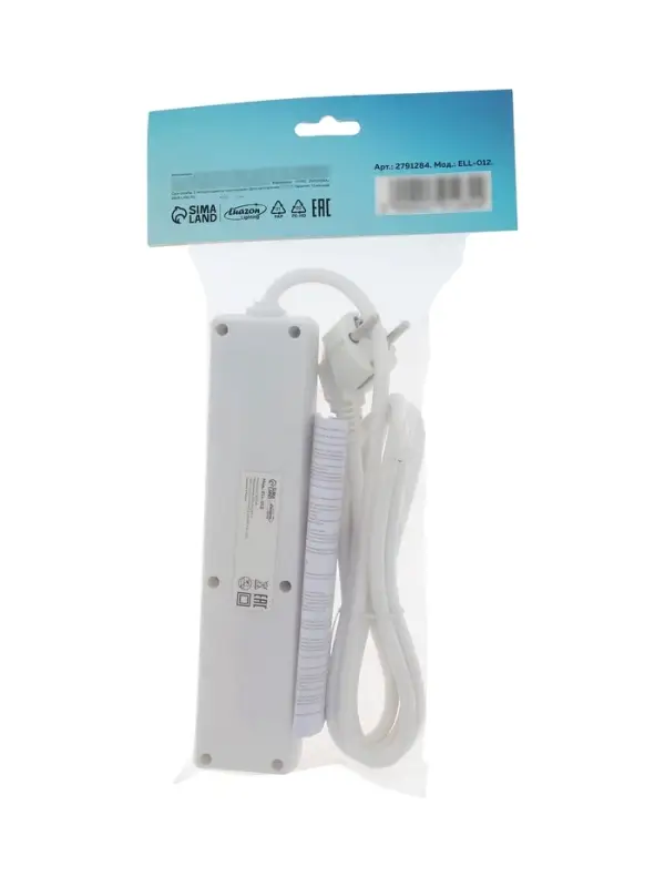 Удлинитель Luazon Lighting, 4 розетки, 1.8 м, 10 А, 2200 Вт, 3&times;0.75 мм2, с заземлением, с выключателем, белый