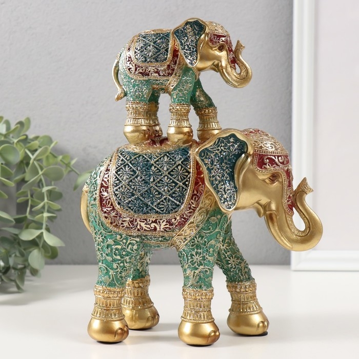 Сувенир полистоун Сувенир полистоун "Слон со слонёнком, ромашки на попоне" красно-голубой, блёстки 17х7х23 см 103258