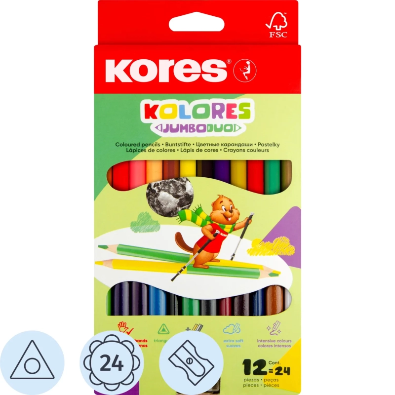 Карандаши цветные двойные 24 цв.,12 шт Kores DUO Jumbo, трехгр,5 мм,93252