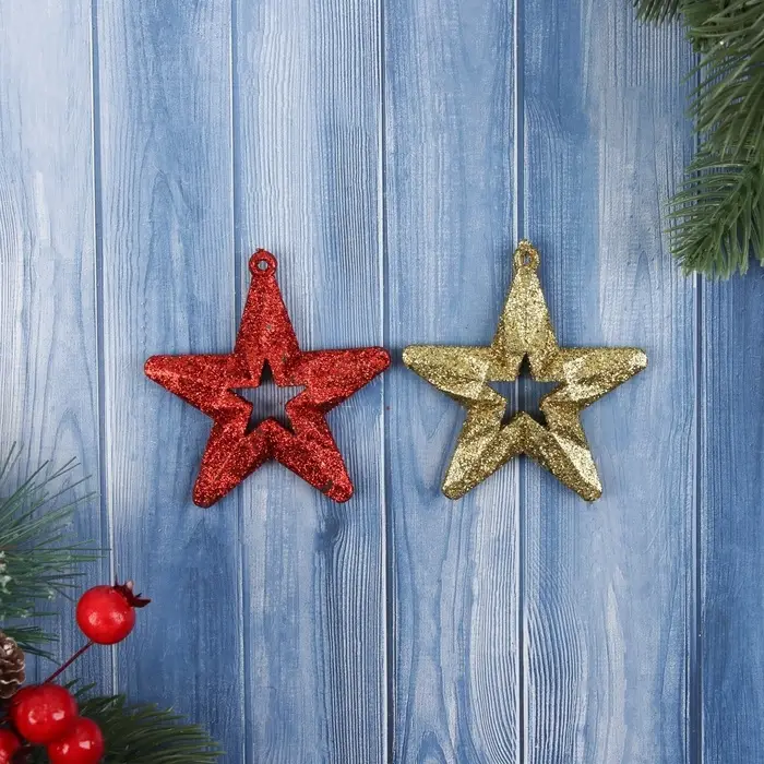 Ёлочные игрушки 2 шт. «Зимнее волшебство. Звезда блеск» пластик, 7х6,5 см, золото красный Ёлочные игрушки 2 шт. «Зимнее волшебство. Звезда блеск» пластик, 7х6,5 см, золото красный
