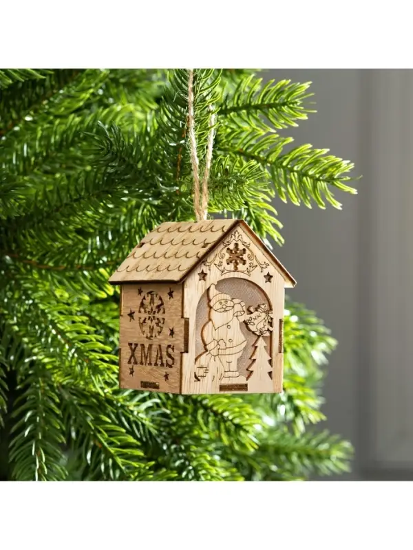 Ёлочная игрушка &laquo;Домик с Дедом Морозом с мешком&raquo;, 8&times;6.5&times;6 см, от батареек, свечение тёплое белое