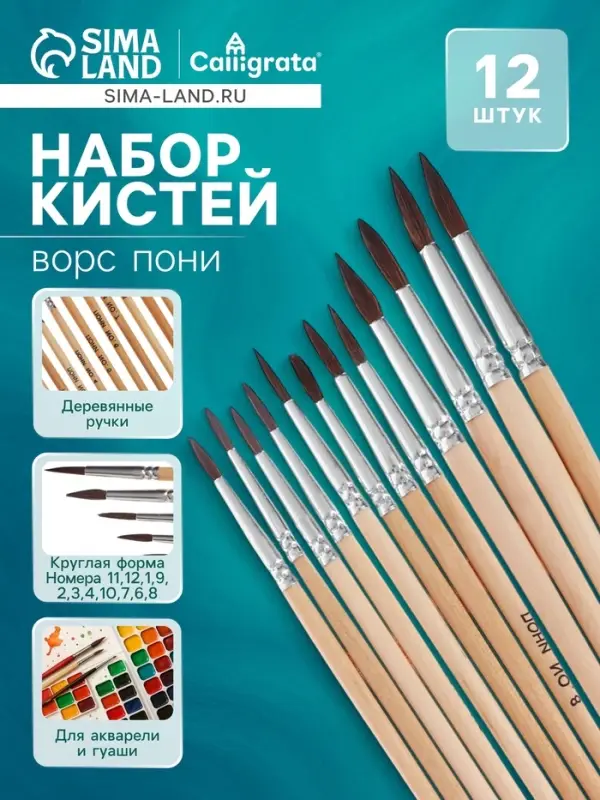 Кисти художественные для рисования, пони, 12 штук: № 1, 2, 3, 4, 5, 6, 7, 8, 9, 10, 11, 12, круглые, деревянная ручка, международный размер