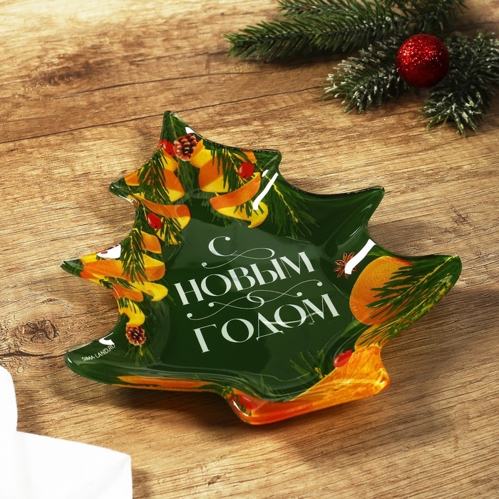 Тарелка в форме ёлки новогодняя Дорого внимание «С Новым годом», 19,5 х 16,5 см, стекло Тарелка в форме ёлки новогодняя Дорого внимание «С Новым годом», 19,5 х 16,5 см, стекло