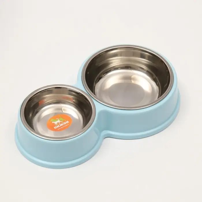Миска металлическая двойная на пластиковом основании, 28 х 17,3 х 5 см, голубая Миска металлическая двойная на пластиковом основании, 28 х 17,3 х 5 см, голубая