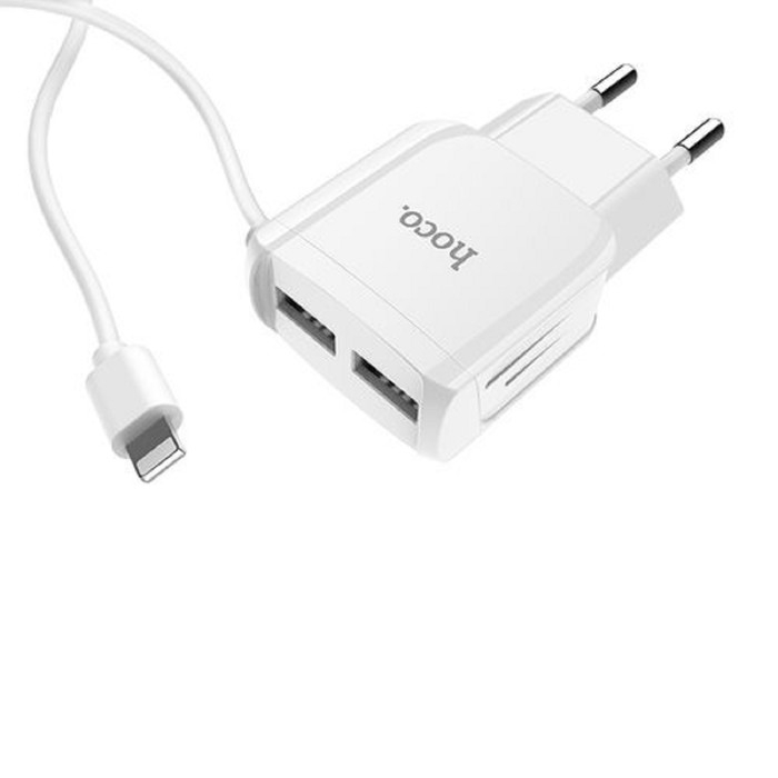 Сетевое зарядное устройство Hoco C59A, 2 USB - 2.4 А, кабель Lightning 1 м, белый Сетевое зарядное устройство Hoco C59A, 2 USB - 2.4 А, кабель Lightning 1 м, белый