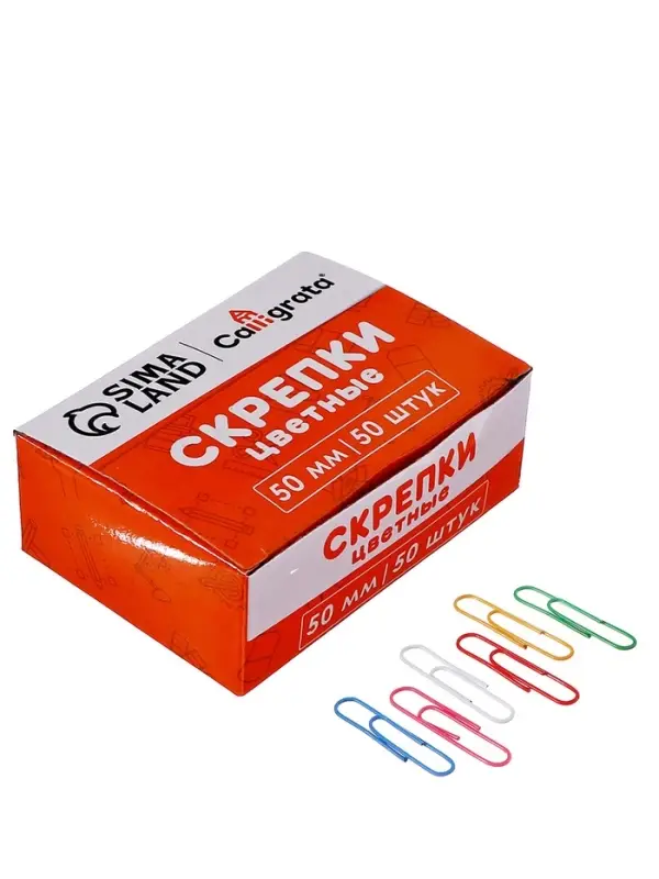 Скрепки 50 мм цветные в картонной коробке 50 штук
