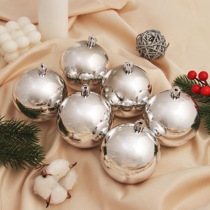 Набор шаров пластик d-8 см, 6 шт Набор шаров пластик d-8 см, 6 шт "Винтажный глянец" серебро