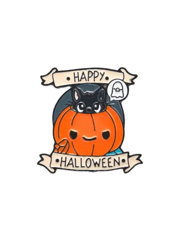 Значок «Котёнок» в тыкве, цветной в чёрном металле Значок «Котёнок» в тыкве, цветной в чёрном металле