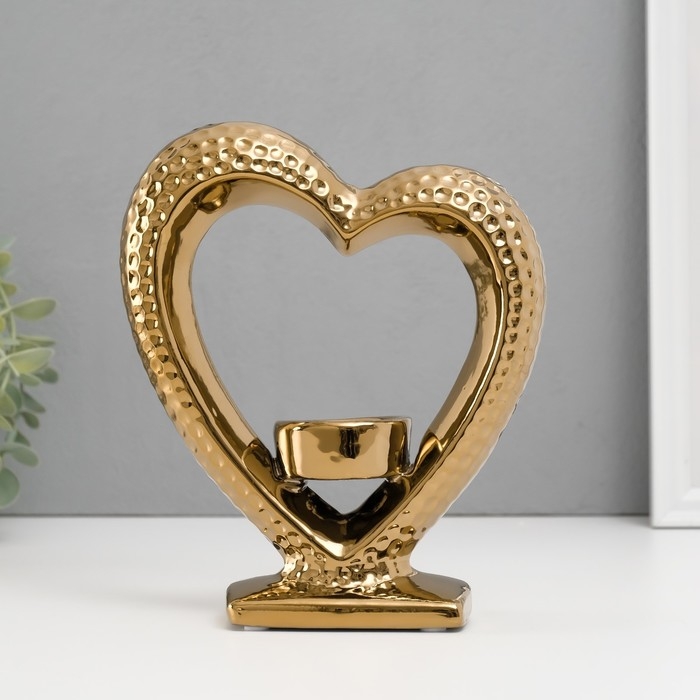 Подсвечник керамика на 1 свечу  Подсвечник керамика на 1 свечу "Сердце на подставке" d=4 см золото 17х5,5х19,5 см