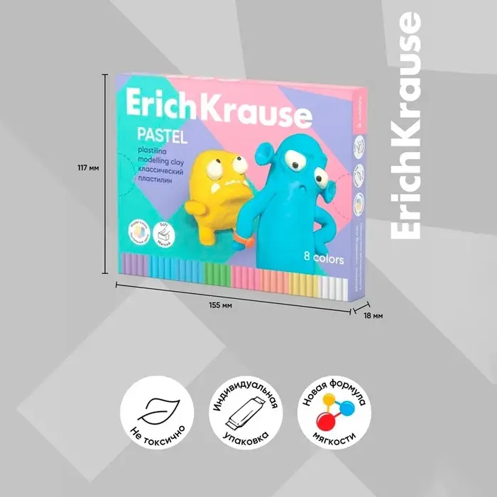 Пластилин 8 цветов, 144 г, ErichKrause Пластилин 8 цветов, 144 г, ErichKrause "Jolly Friends Pastel", со стеком, в картонной упаковке