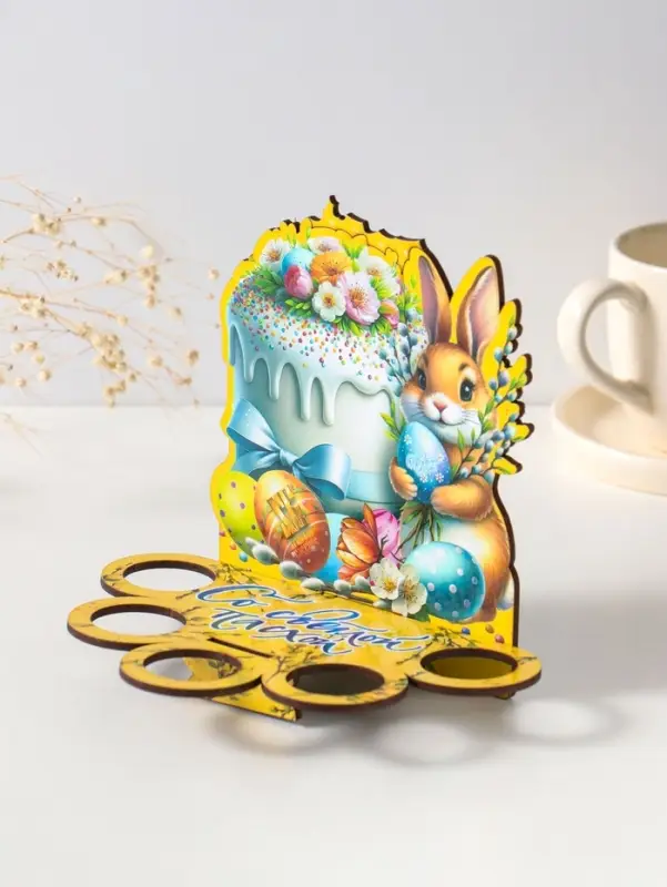 Подставка пасхальная на 5 яиц "Зайка" желтая.   17х14х10 см
