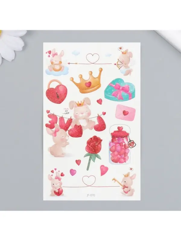 Переводные тату цветные «Зайки-романтики», временные татуировки с блёстками, 12×7.5 см